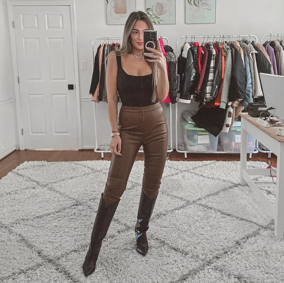 Zara brown faux leather high waist slim pants size S - Picture 2 of 9